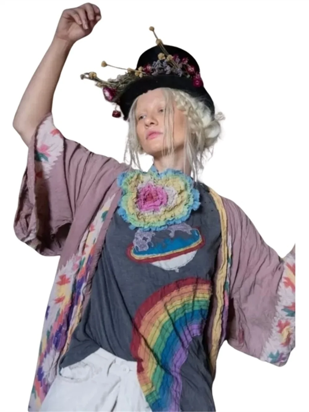 Magnolia Pearl Saturn Disco Applique Rainbow Tee Tshirt Distressed Bohobocentric